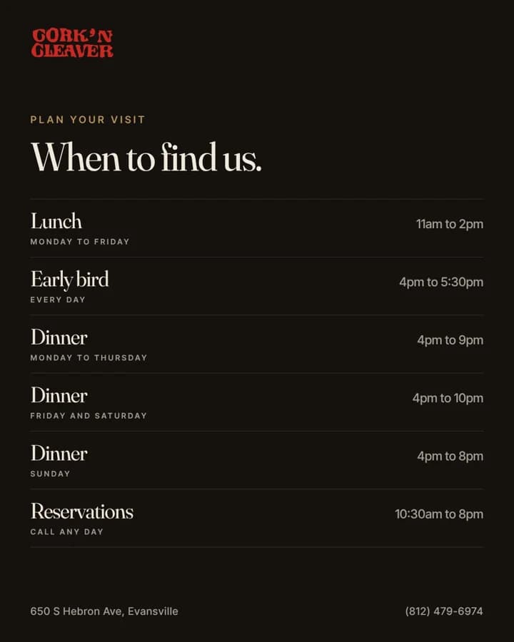 A Cork n Cleaver post with lunch, early bird and dinner hours