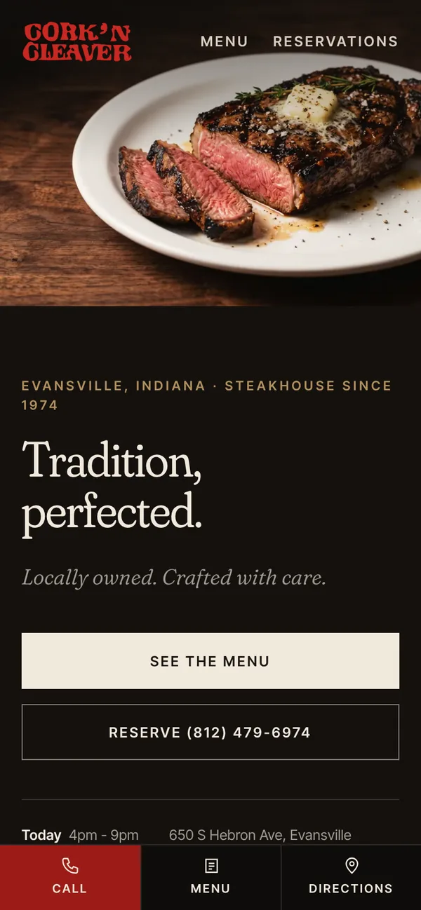 evansvillecork.com, built by Ames Create on a phone