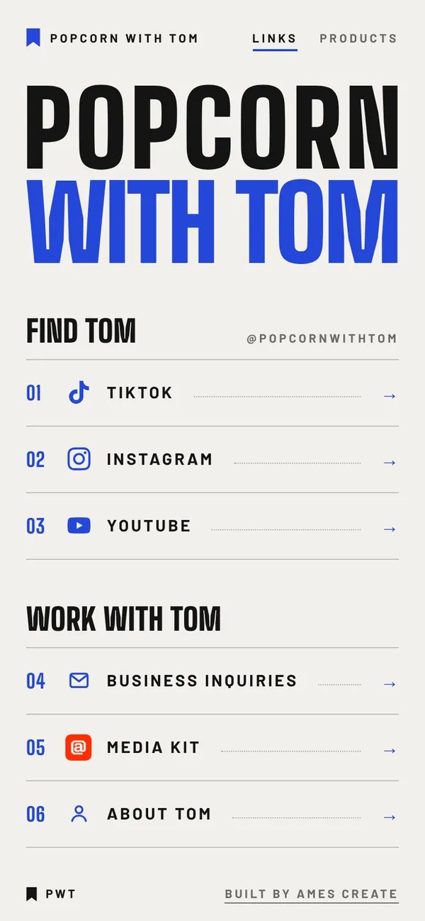 popcornwithtom.com/links, a link page we built