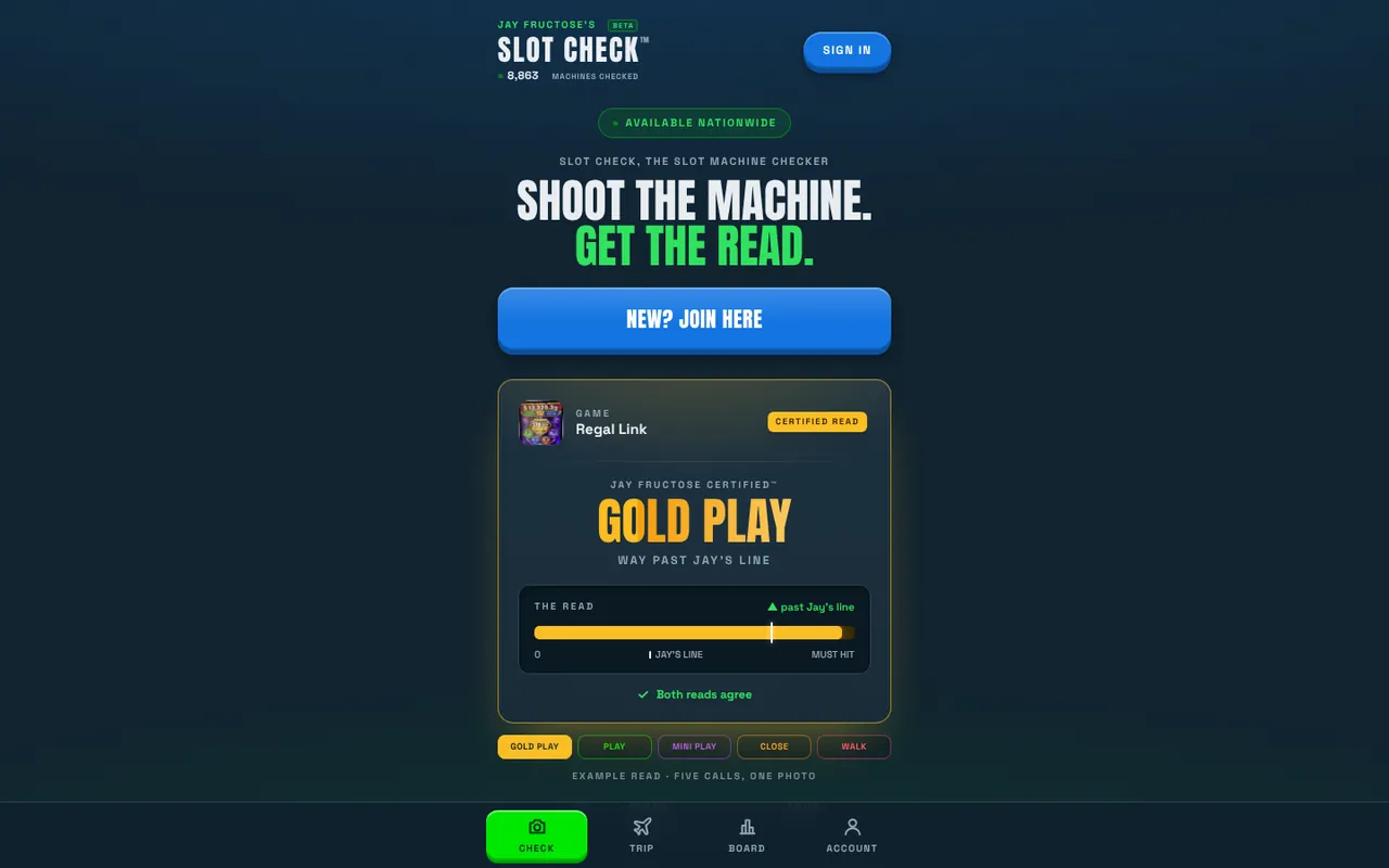 Slot Check, the app we built for Jay Fructose on a desktop