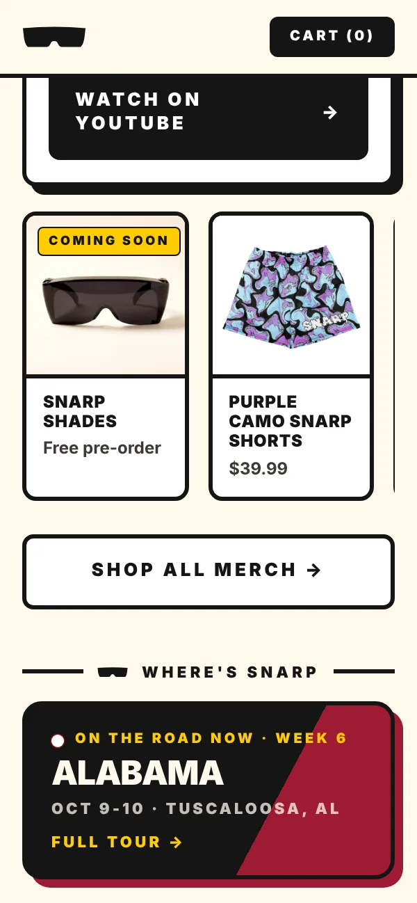 Snarp Shades and the camo shorts on snarp.store, the store we built for Snarp on a phone