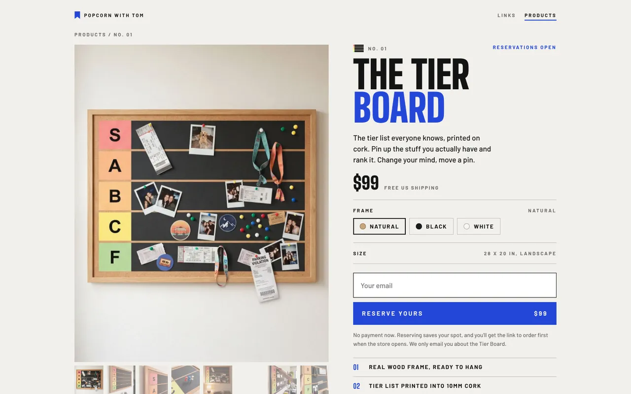 The Tier Board product page we built for PopcornWithTom on a desktop