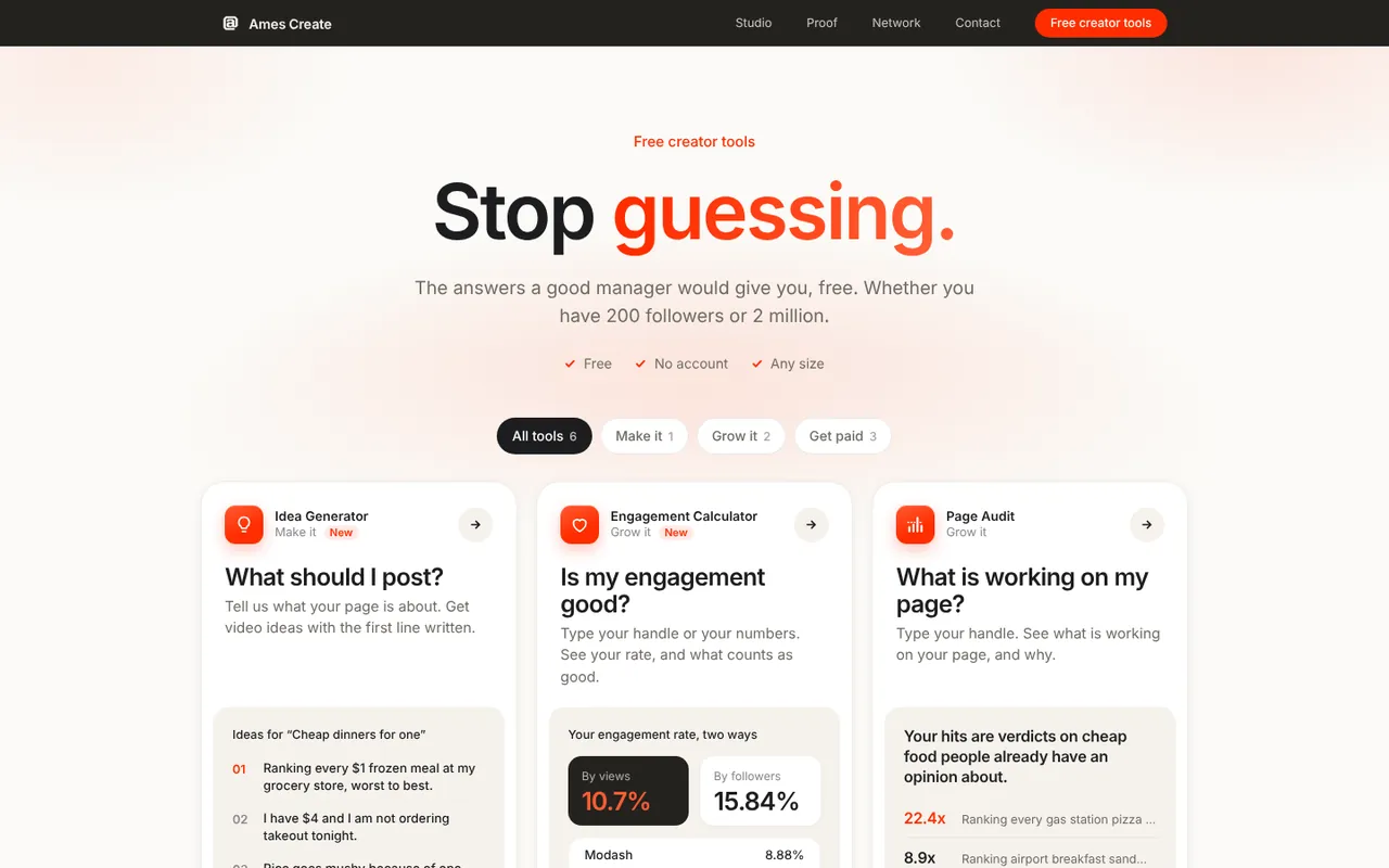 The free creator tools hub on amescreate.com
